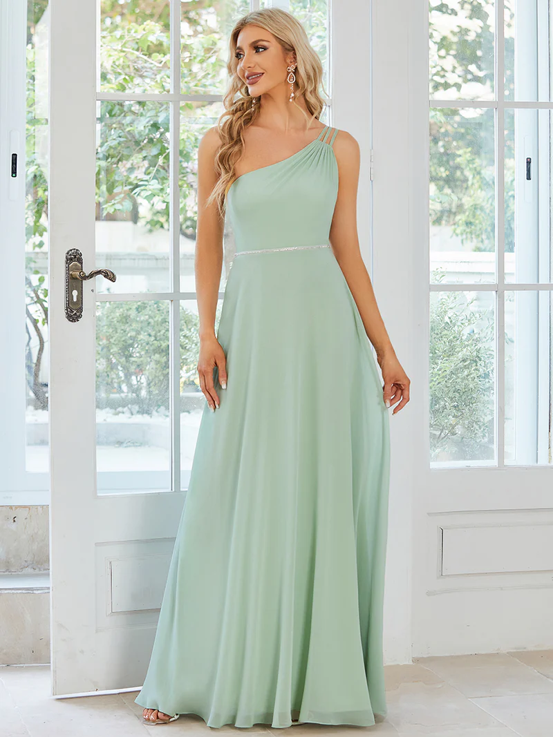 One Side Shoulder A-Line Evening Gown (Mint) (Made To Order)