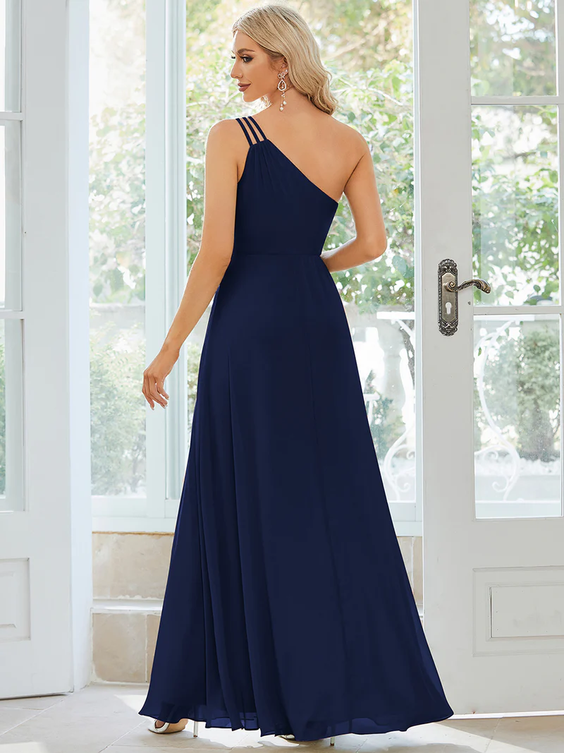 One Side Shoulder A-Line Evening Gown (Navy Blue) (Made To Order)