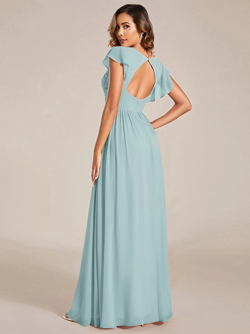 Short Sleeve Ruffle V-Neck Pleated Backless Evening Dress (Light Blue) (Retail)