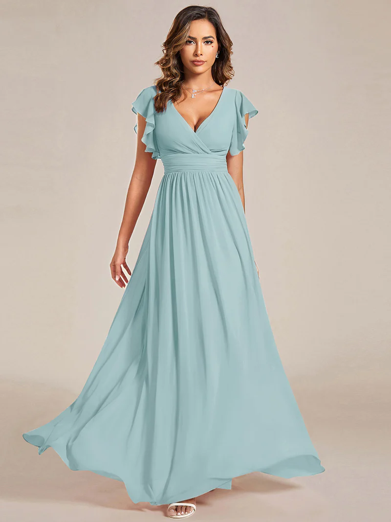 Short Sleeve Ruffle V-Neck Pleated Backless Evening Dress (Light Blue) (Retail)