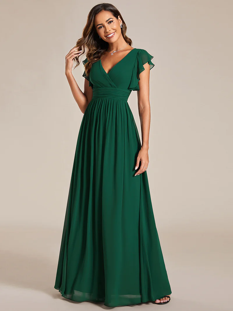 V Neck Pleated Belted Ruffles Open Back Evening Dress (Green) (Made To Order)