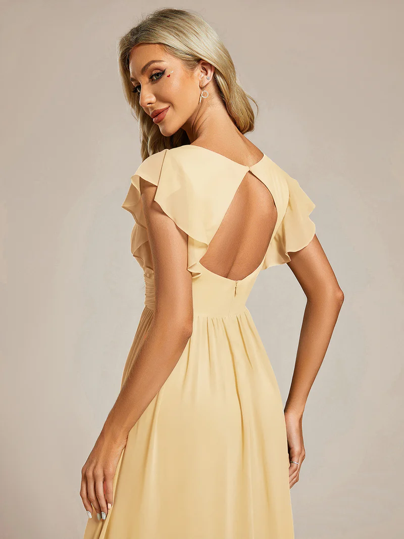 Short Sleeve Ruffle V-Neck Pleated Backless Evening Dress (Yellow) (Retail)
