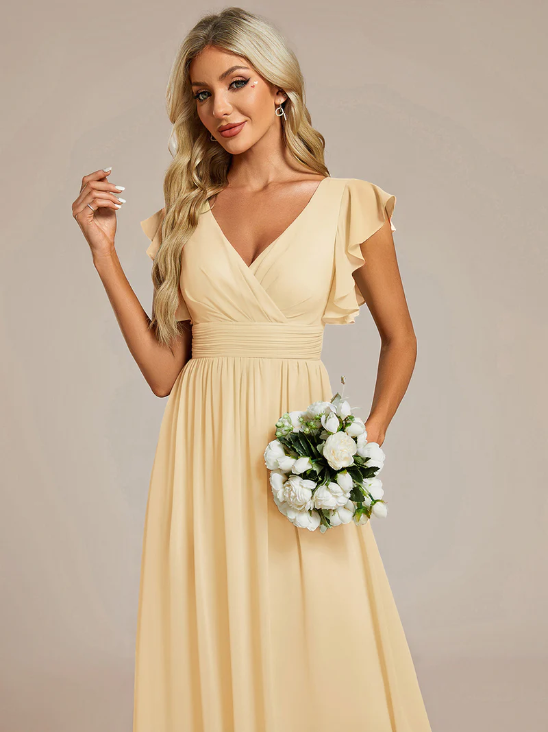 Short Sleeve Ruffle V-Neck Pleated Backless Evening Dress (Yellow) (Retail)