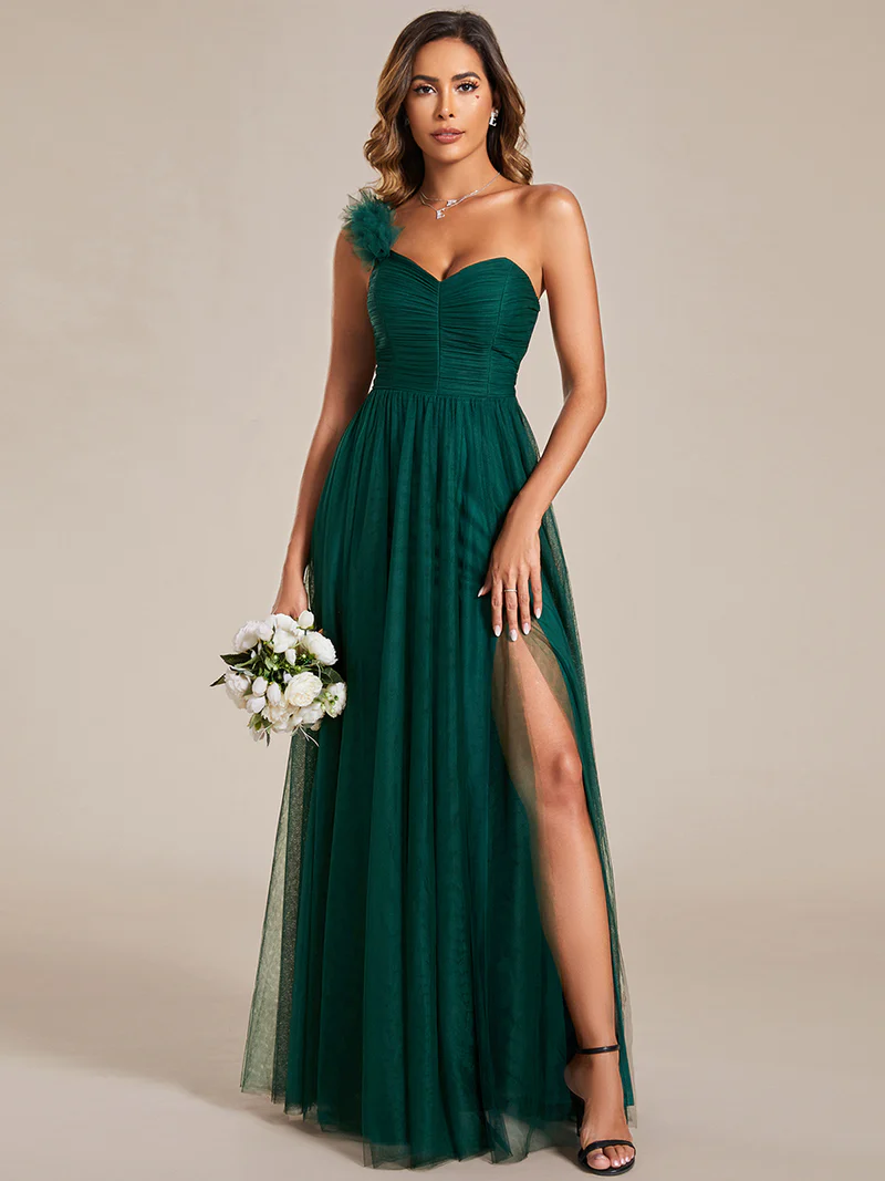 Pleated Backless One Shoulder Tulle Evening Gown (Green) (Made To Order)