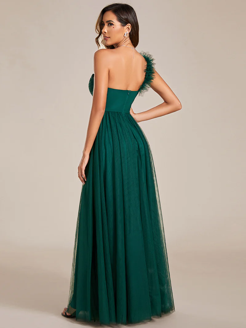 Pleated Backless One Shoulder Tulle Evening Gown (Green) (Made To Order)