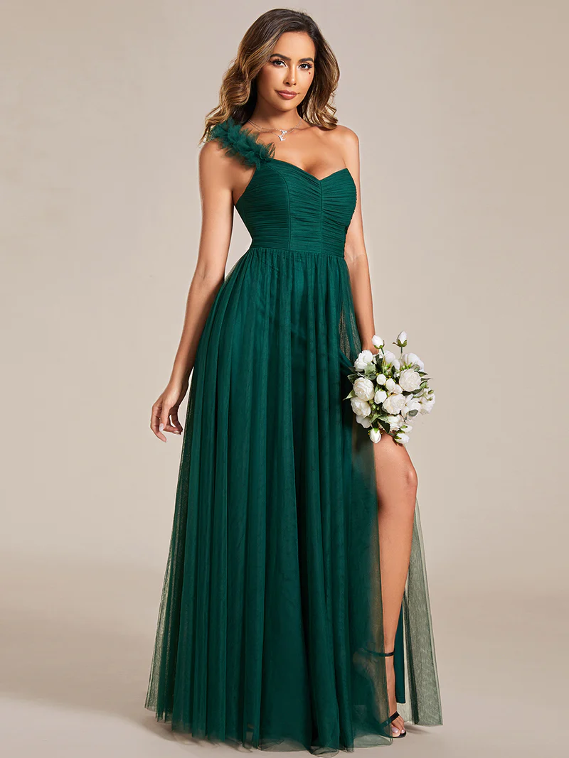 Pleated Backless One Shoulder Tulle Evening Gown (Green) (Made To Order)