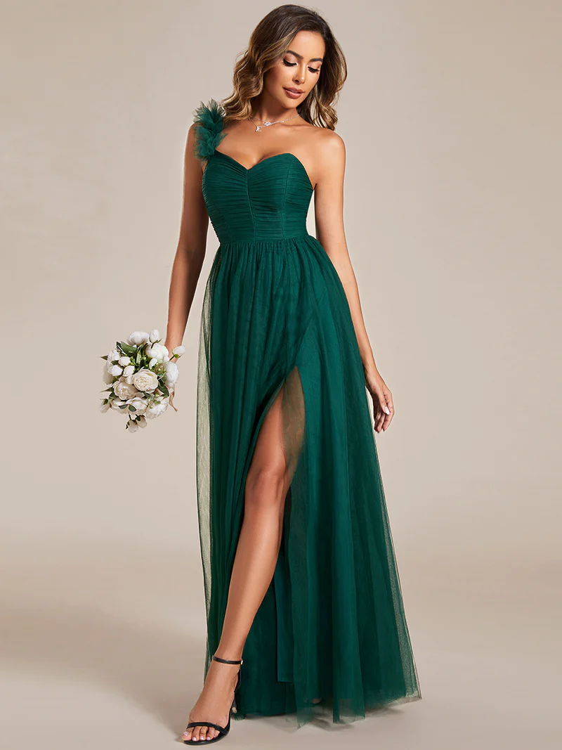 Pleated Backless One Shoulder Tulle Evening Gown (Green) (Made To Order)