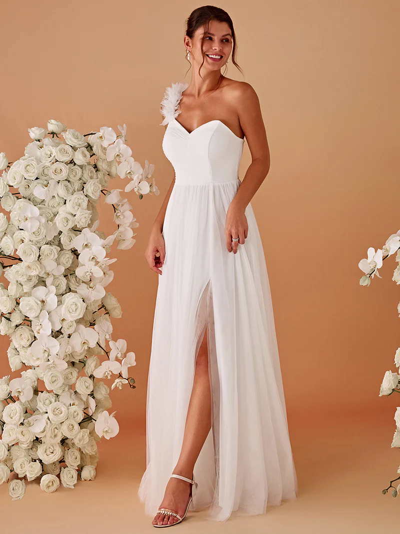 Pleated Backless One Shoulder Tulle Evening Gown (White) (Made To Order)