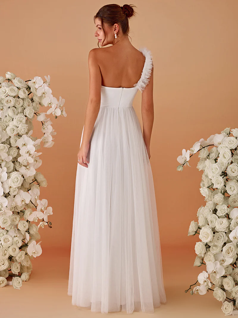 Pleated Backless One Shoulder Tulle Evening Gown (White) (Made To Order)