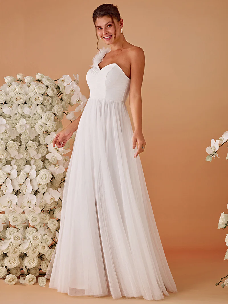 Pleated Backless One Shoulder Tulle Evening Gown (White) (Made To Order)