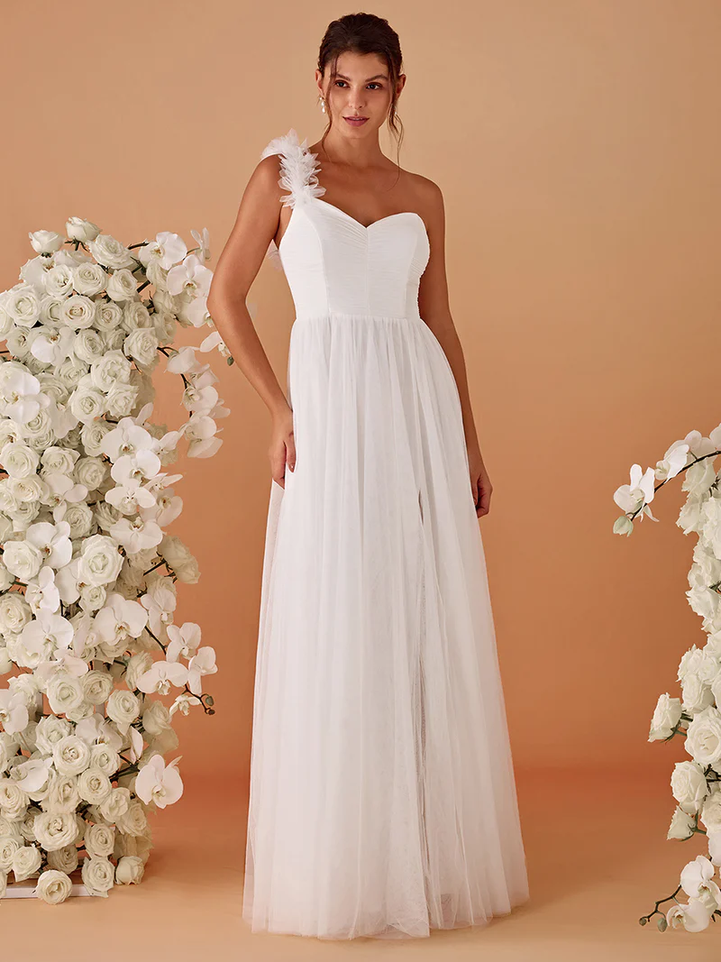 Pleated Backless One Shoulder Tulle Evening Gown (White) (Made To Order)