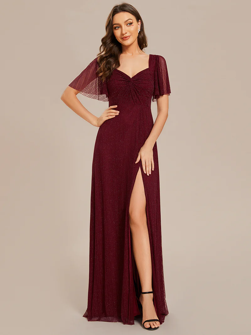 Short Sleeve Shiny Maxi Long V-Neck Evening Dresses (Maroon) (Retail)