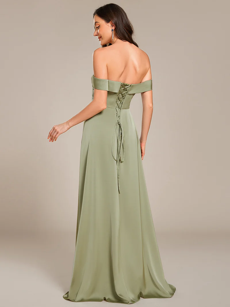 Off Shoulder Pleated A-Line Slit Evening Gown (Sage Green) (Made To Order)
