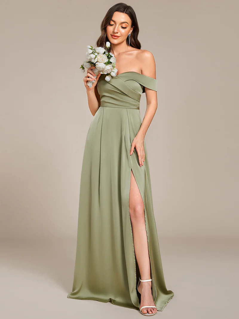 Off Shoulder Pleated A-Line Slit Evening Gown (Sage Green) (Made To Order)