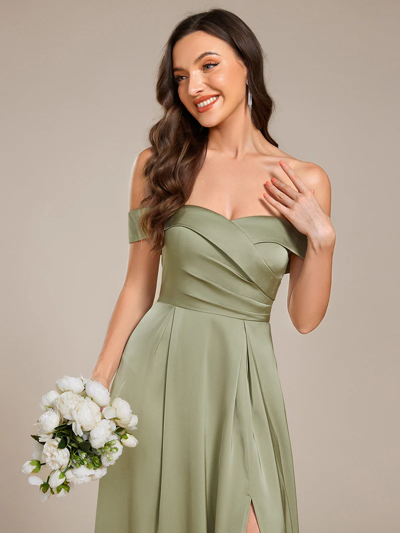 Off Shoulder Pleated A-Line Slit Evening Gown (Sage Green) (Made To Order)