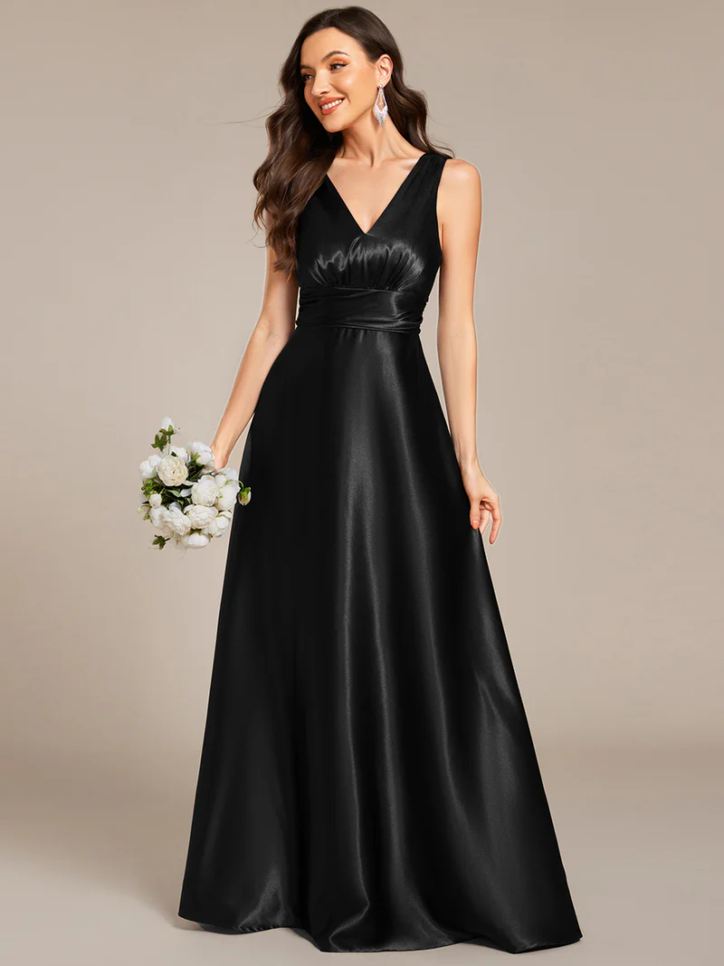 Elegant Deep V-Neck Empire Waist Satin Gowns with Pockets (Made To Order) (Black)