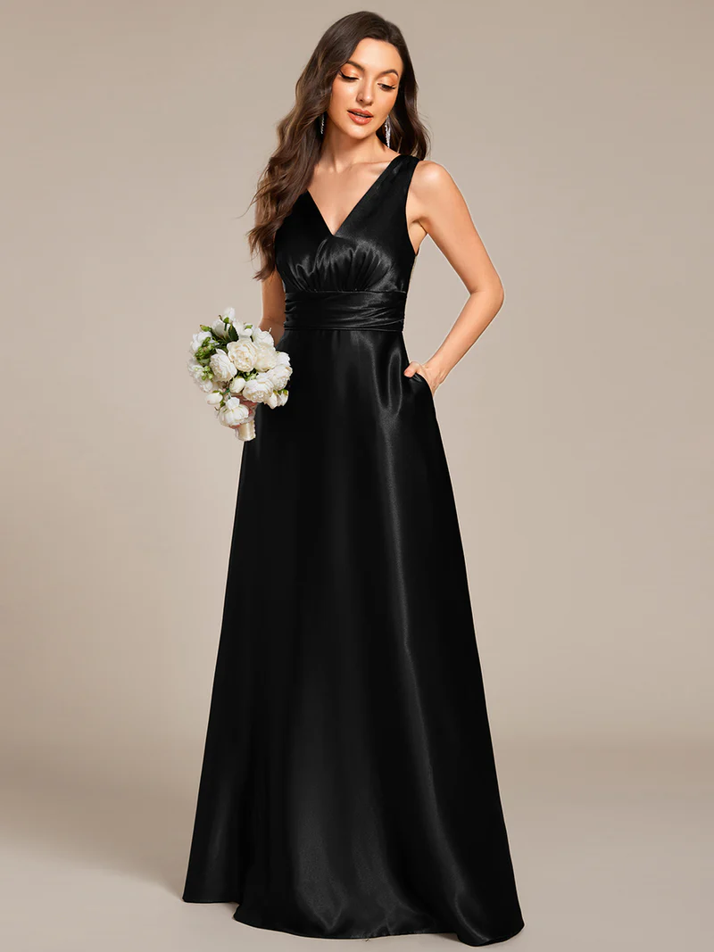 Elegant Deep V-Neck Empire Waist Satin Gowns with Pockets (Made To Order) (Black)