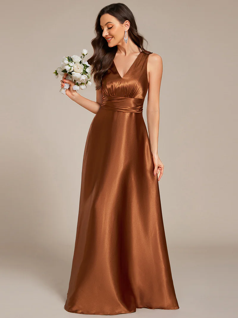 Elegant Deep V-Neck Empire Waist Satin Gowns with Pockets (Made To Order) (Copper)