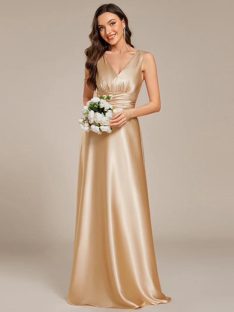 Elegant Deep V-Neck Empire Waist Satin Gowns with Pockets (Gold) (Retail)