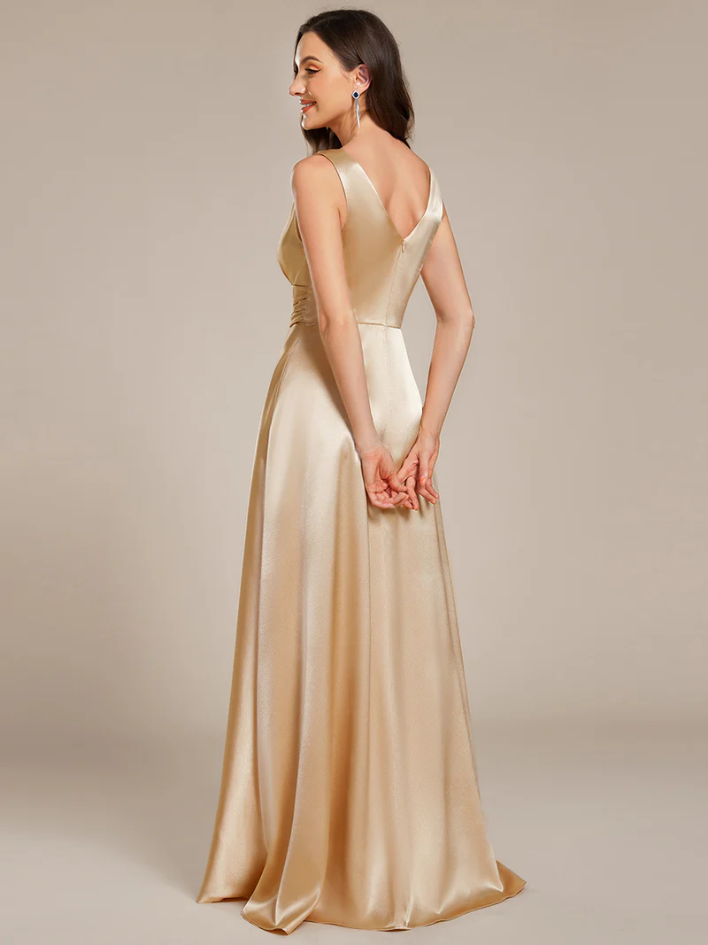Elegant Deep V-Neck Empire Waist Satin Gowns with Pockets (Gold) (Retail)