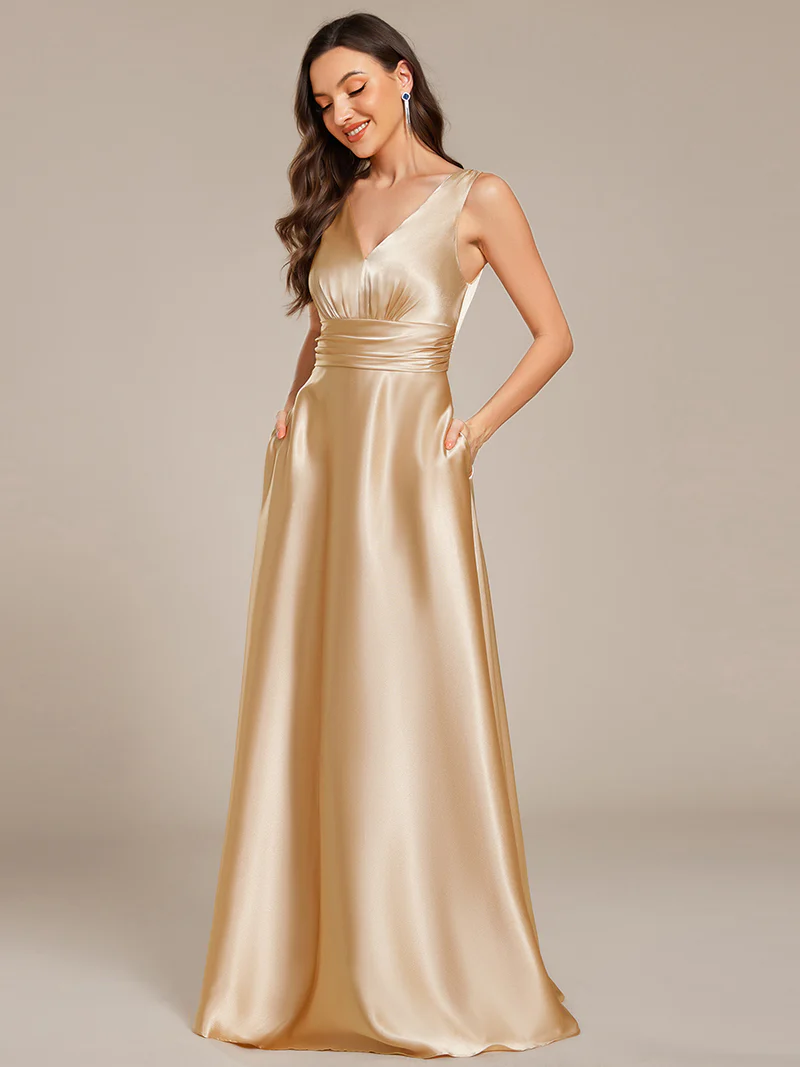 Elegant Deep V-Neck Empire Waist Satin Gowns with Pockets (Gold) (Retail)