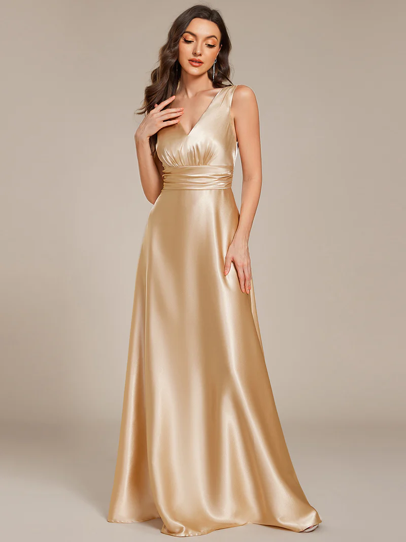 Elegant Deep V-Neck Empire Waist Satin Gowns with Pockets (Gold) (Retail)