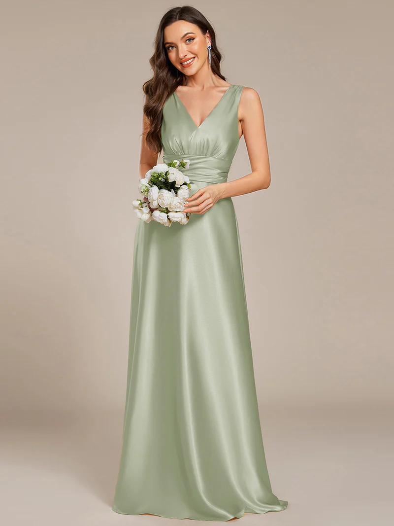 Elegant Deep V-Neck Empire Waist Satin Gowns with Pockets (Made To Order) (Mint)
