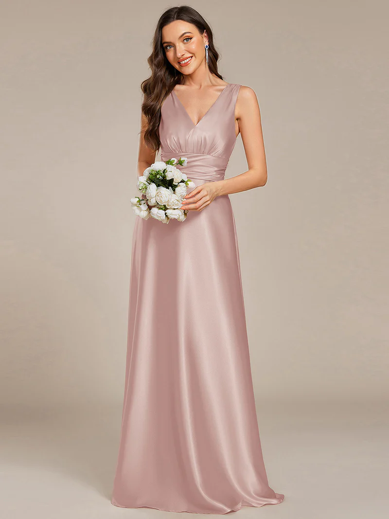 Elegant Deep V-Neck Empire Waist Satin Gowns with Pockets (Made To Order) (Mauve)