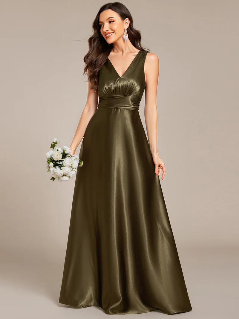 Elegant Deep V-Neck Empire Waist Satin Gowns with Pockets (Made To Order) (Olive Green)