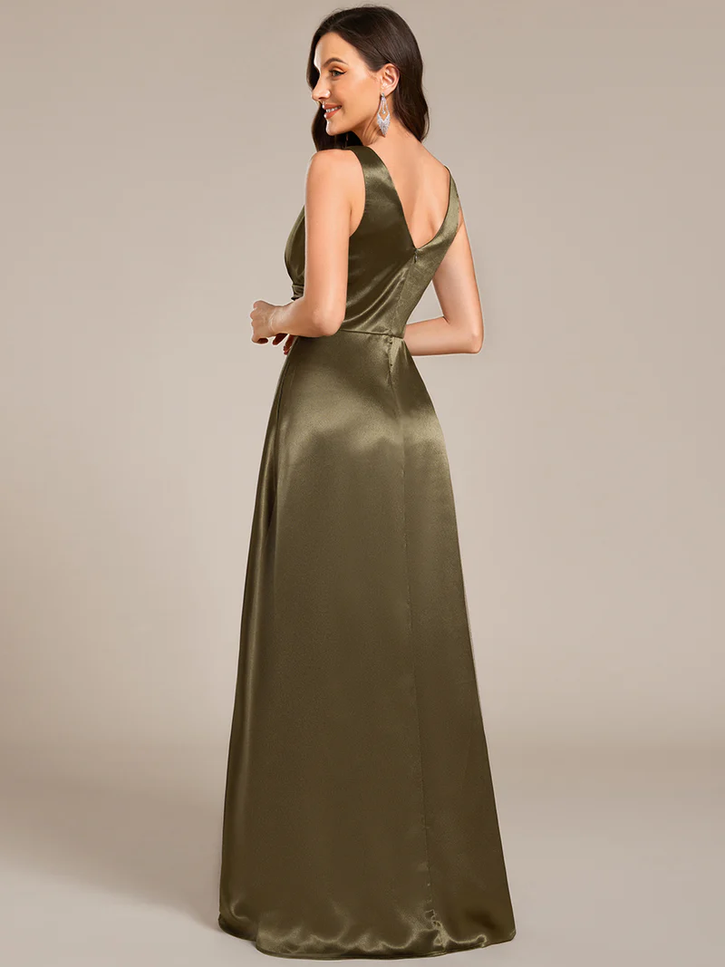 Elegant Deep V-Neck Empire Waist Satin Gowns with Pockets (Made To Order) (Olive Green)