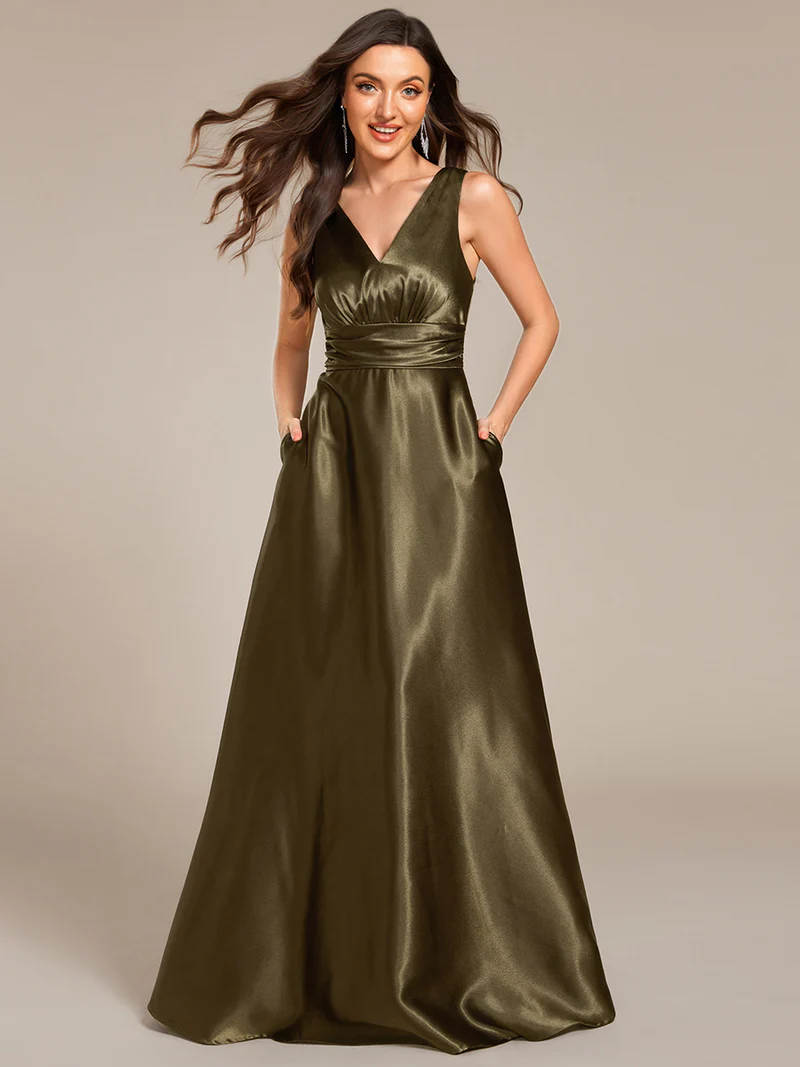 Elegant Deep V-Neck Empire Waist Satin Gowns with Pockets (Made To Order) (Olive Green)