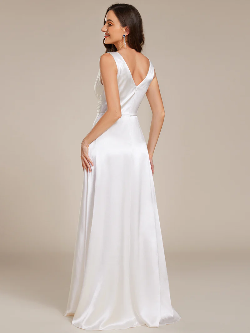 Elegant Deep V-Neck Empire Waist Satin Gowns with Pockets (Made To Order) (White)