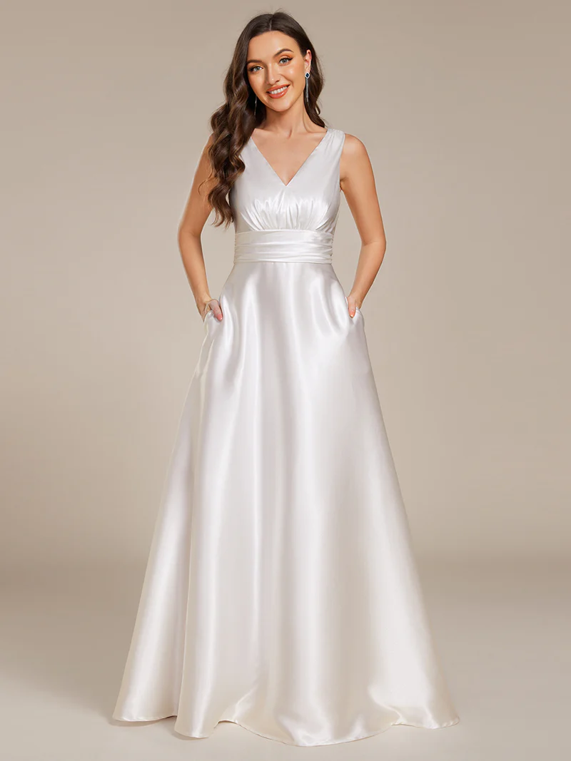 Elegant Deep V-Neck Empire Waist Satin Gowns with Pockets (Made To Order) (White)