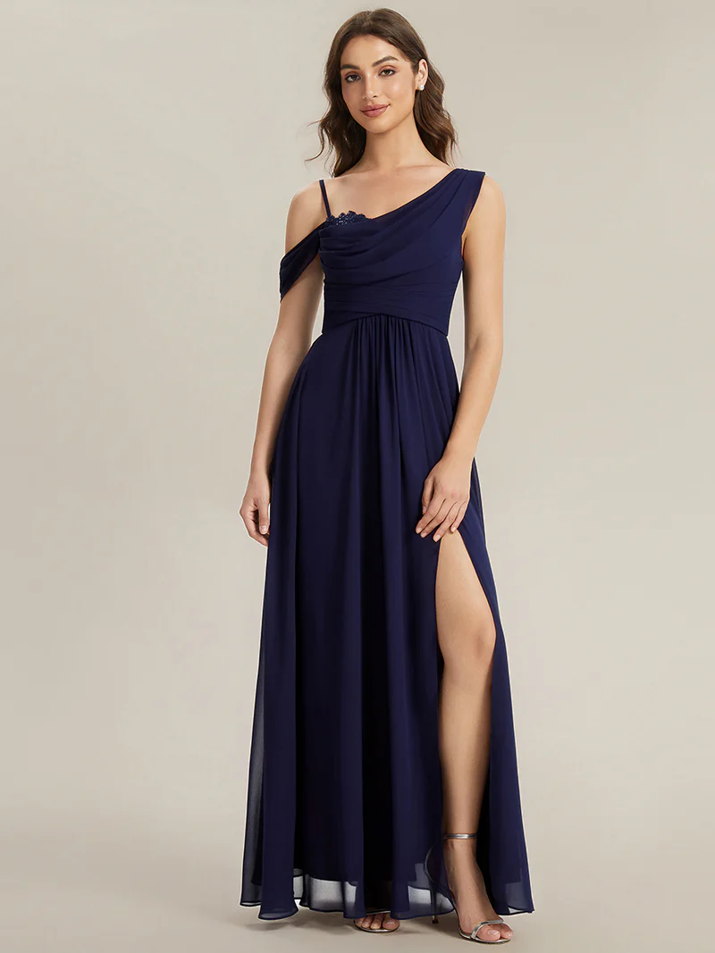 Asymmetrical A-Line Long Dresses (Navy Blue) (Made To Order)