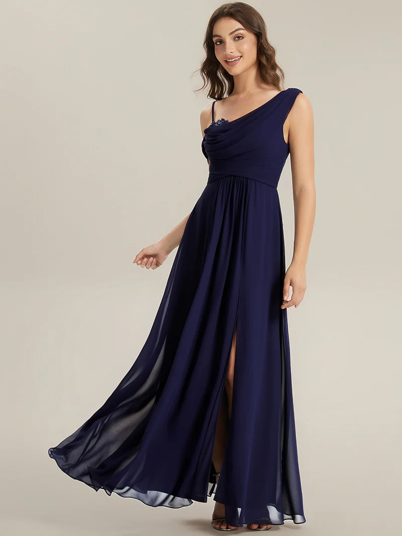 Asymmetrical A-Line Long Dresses (Navy Blue) (Made To Order)