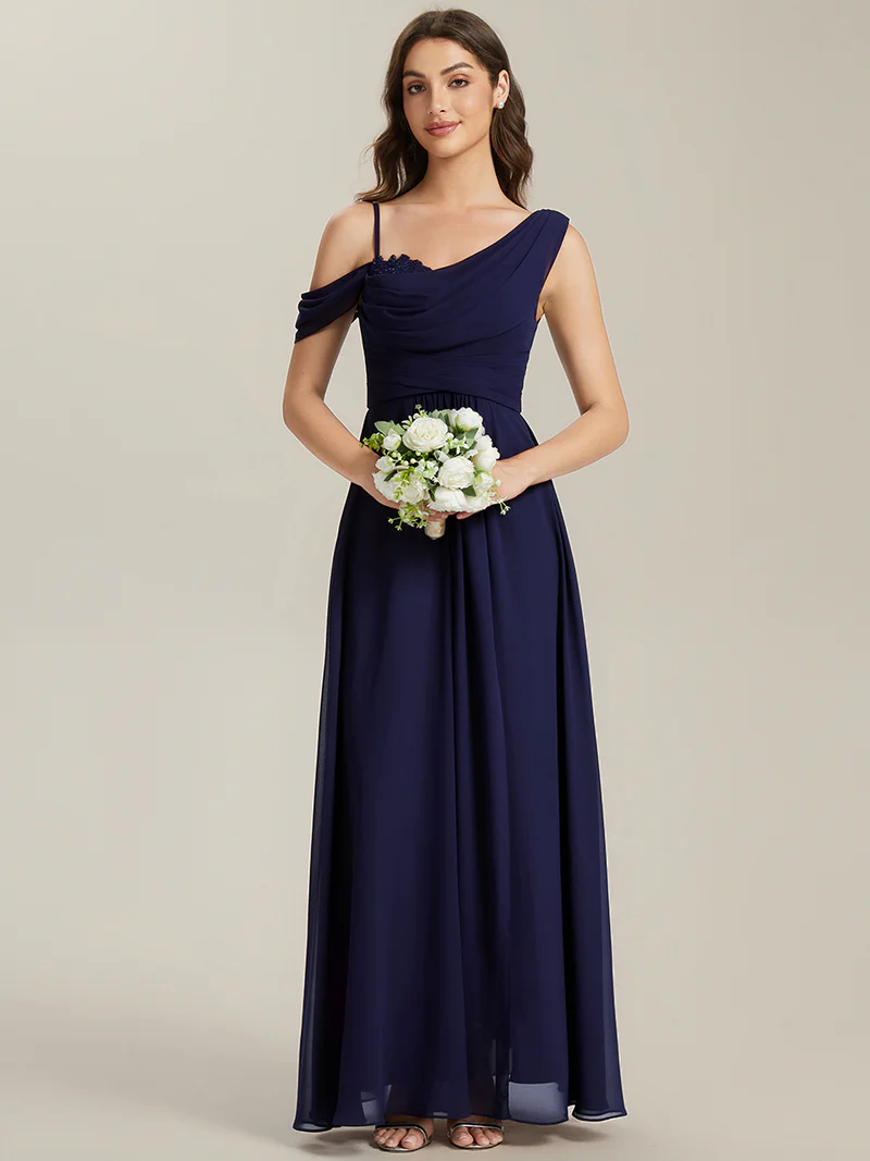 Asymmetrical A-Line Long Dresses (Navy Blue) (Made To Order)