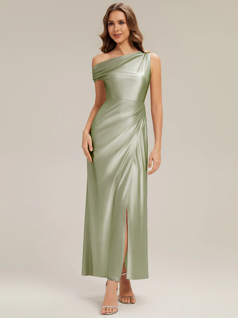 Asymmetrical Sheath Satin Evening Dress (Sage Green) (Make To Order)