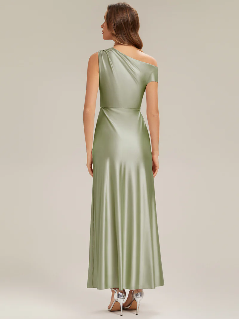 Asymmetrical Sheath Satin Evening Dress (Sage Green) (Make To Order)