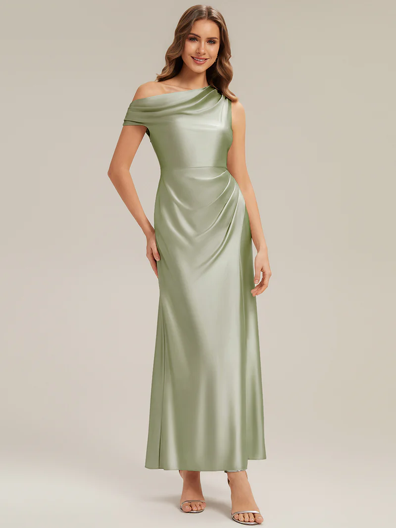 Asymmetrical Sheath Satin Evening Dress (Sage Green) (Make To Order)