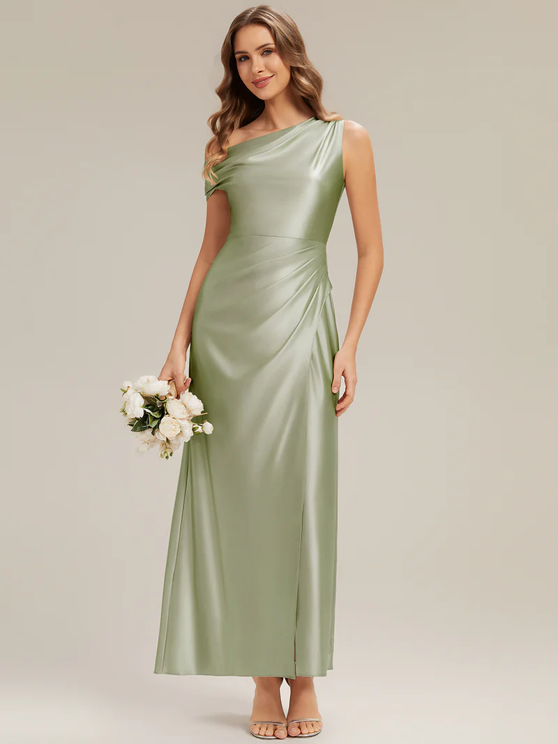 Asymmetrical Sheath Satin Evening Dress (Sage Green) (Make To Order)