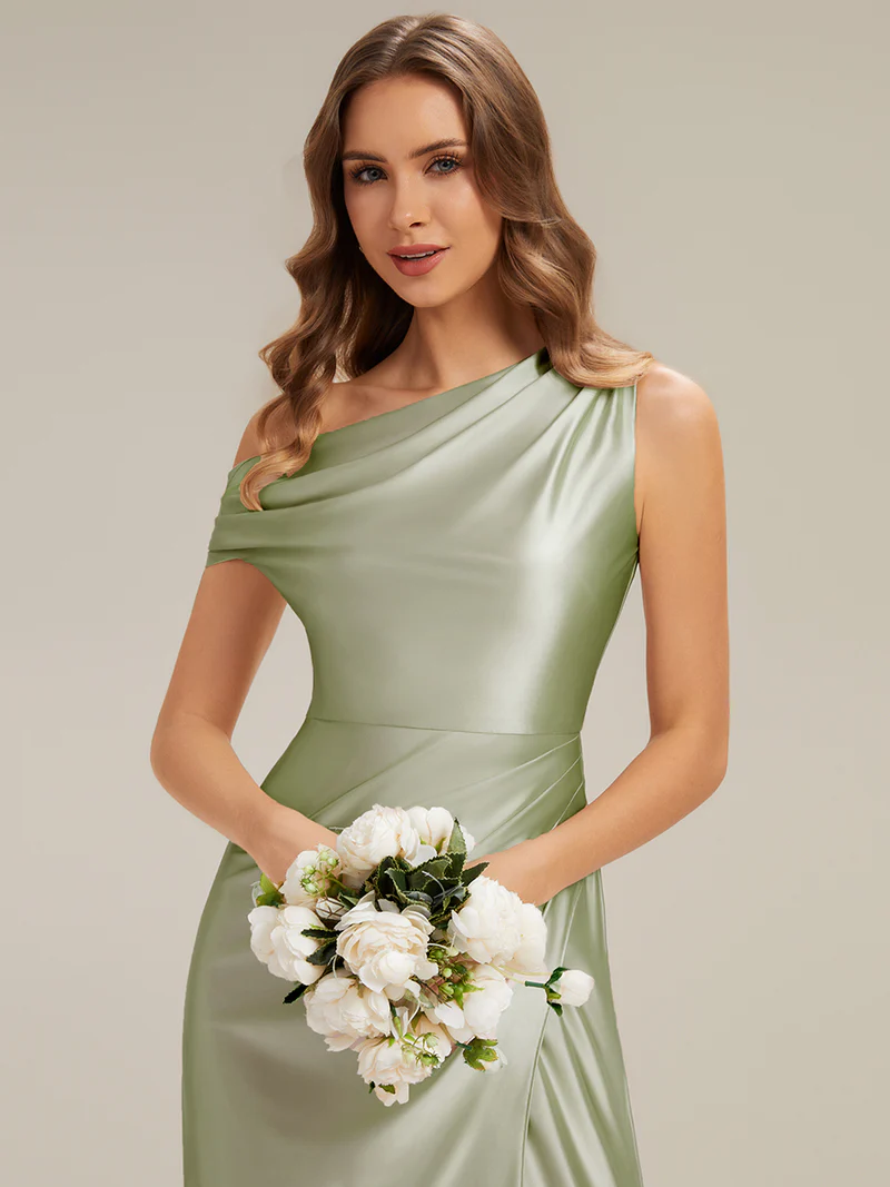 Asymmetrical Sheath Satin Evening Dress (Sage Green) (Make To Order)