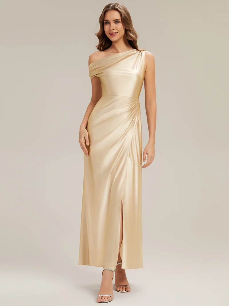 Asymmetrical Sheath Satin Evening Dress (Champagne) (Make To Order)