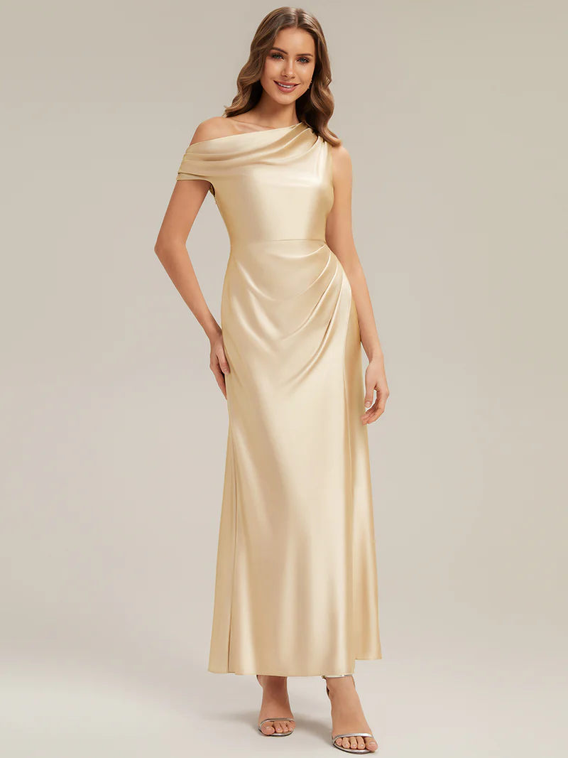 Asymmetrical Sheath Satin Evening Dress (Champagne) (Make To Order)