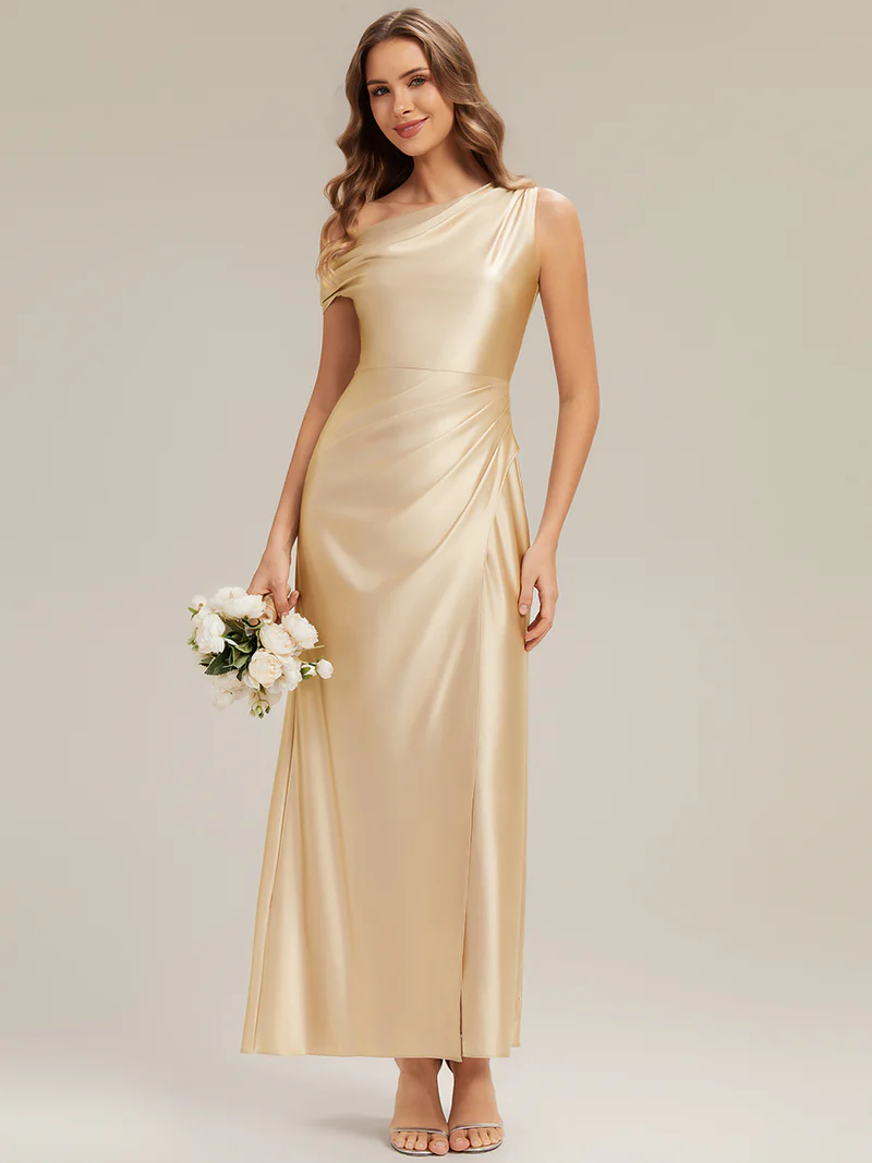 Asymmetrical Sheath Satin Evening Dress (Champagne) (Make To Order)
