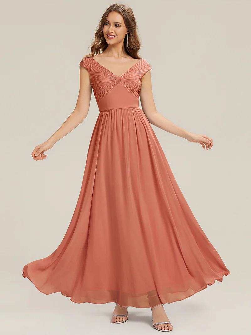 Off Shoulder Deep V-Neck Pleated A-Line Dresses (Coral) (Made To Order)
