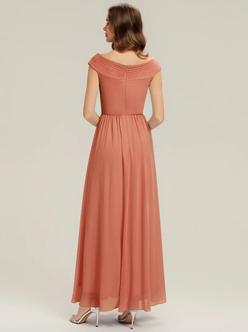 Off Shoulder Deep V-Neck Pleated A-Line Dresses (Coral) (Made To Order)