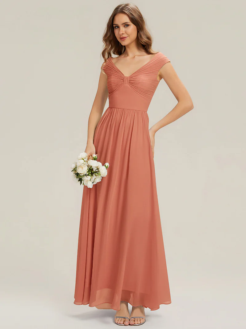 Off Shoulder Deep V-Neck Pleated A-Line Dresses (Coral) (Made To Order)