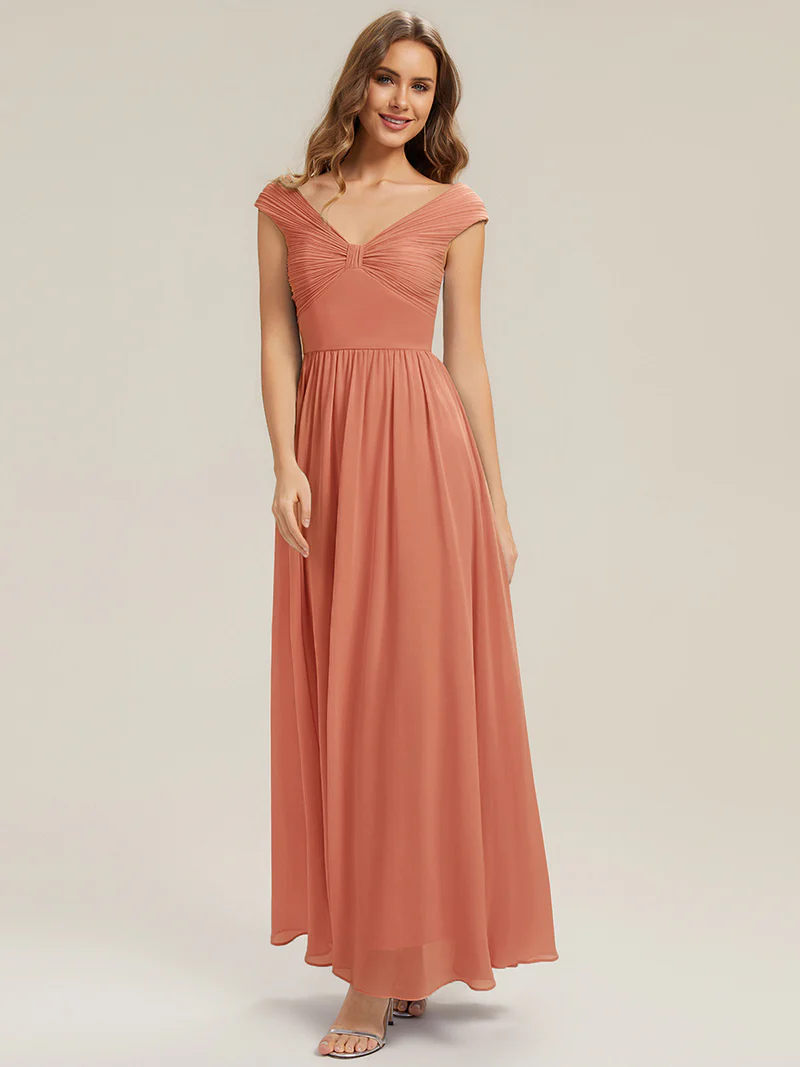 Off Shoulder Deep V-Neck Pleated A-Line Dresses (Coral) (Made To Order)