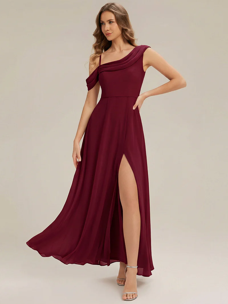 Asymmetrical A-Line Simple Long Dress (Maroon) (Made To Order)