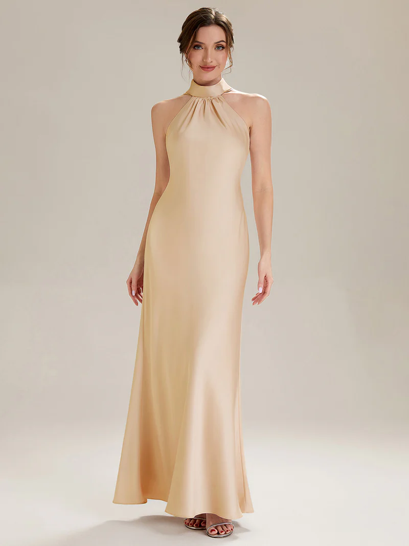 Halter Neck Satin Evening Gown (Champagne) (Made To Order)